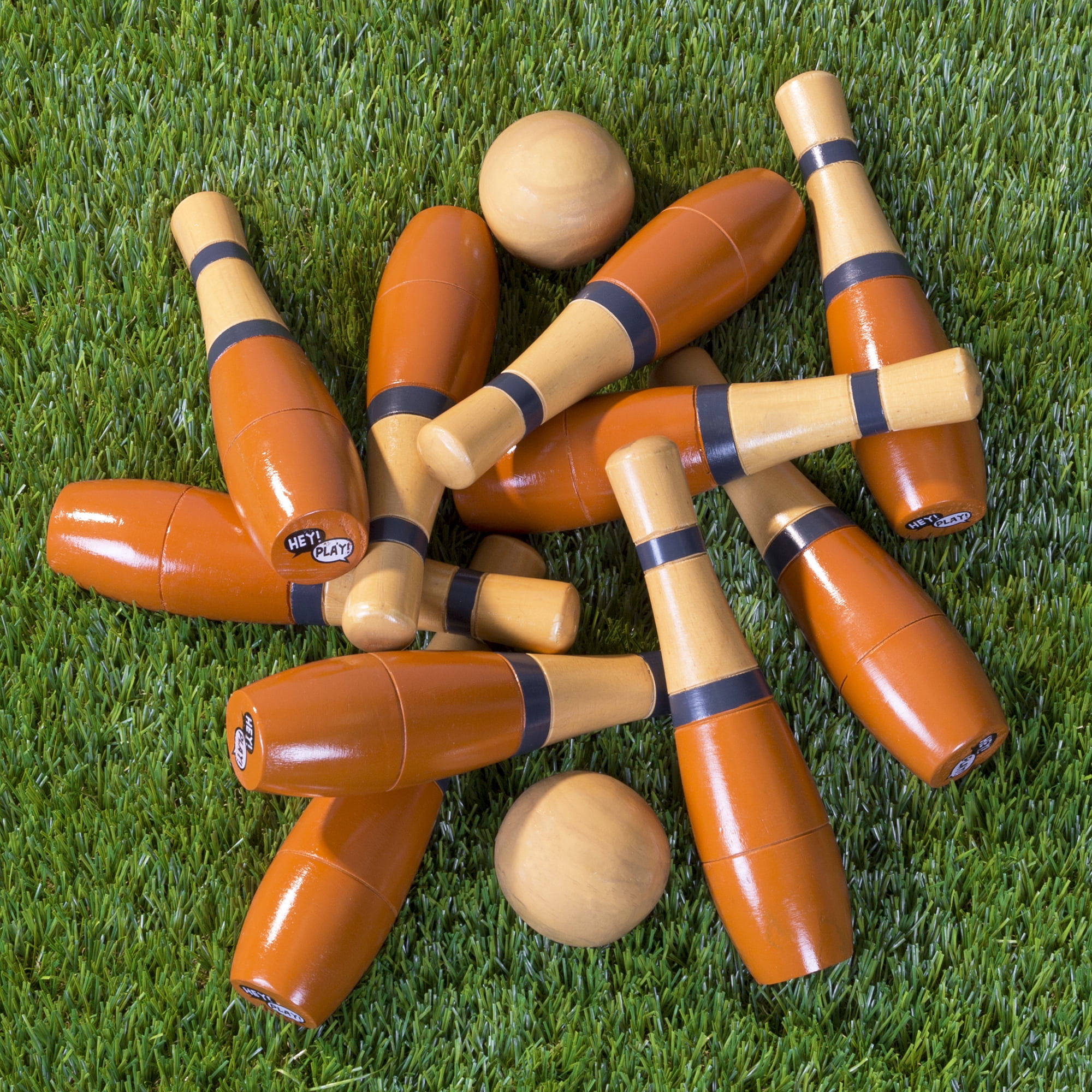 Lawn Bowling, 8 inch Tall Wooden Lawn Game, Indoor & Outdoor Toy, Adults & Kids, Orange and Gray, by Hey! Play!