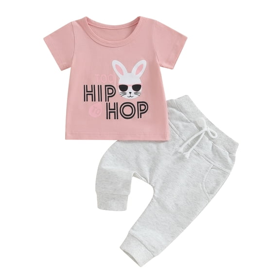 Bagilaanoe 2pcs Toddler Baby Easter Outfits Girl Pants Set Rabbit Short Sleeve T-Shirts Tops Sweatpants 6M 12M 18M 24M 3T Kids Casual Clothes