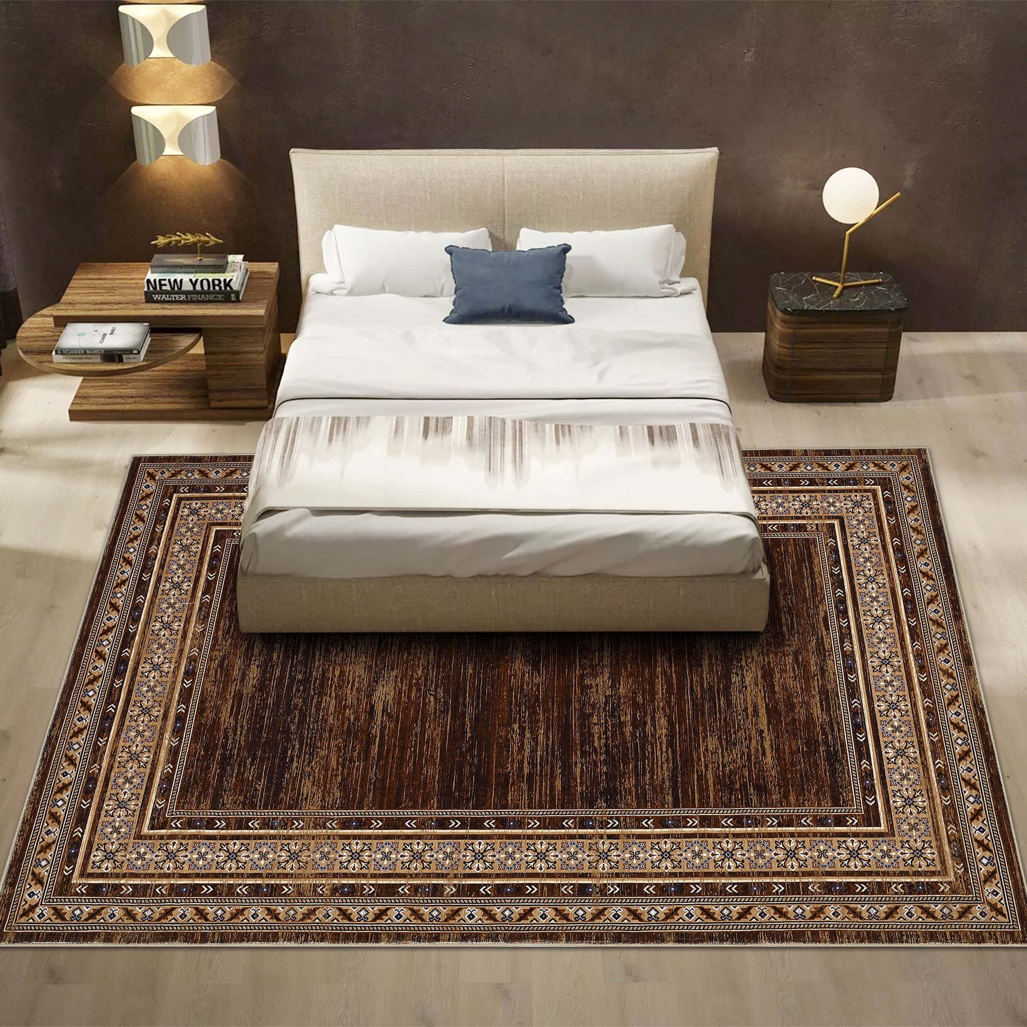 Brown Washable Area Rug 9' × 12' – Non Slip Low Pile Stain Resistant Hallway Rug for Bedroom, Living Room, Vintage Bordered Carpet for High-Traffic Areas