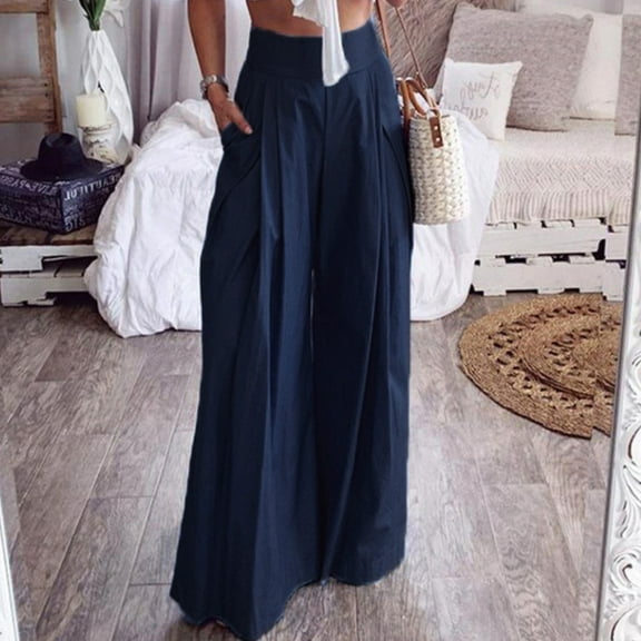 up to 60% off Gifts Usmixi Womens Business Long Pants Solid High Waist Pleated Loose Wide Leg Leisure Trousers Plus Size Straight Pocket Pants Dark Blue m