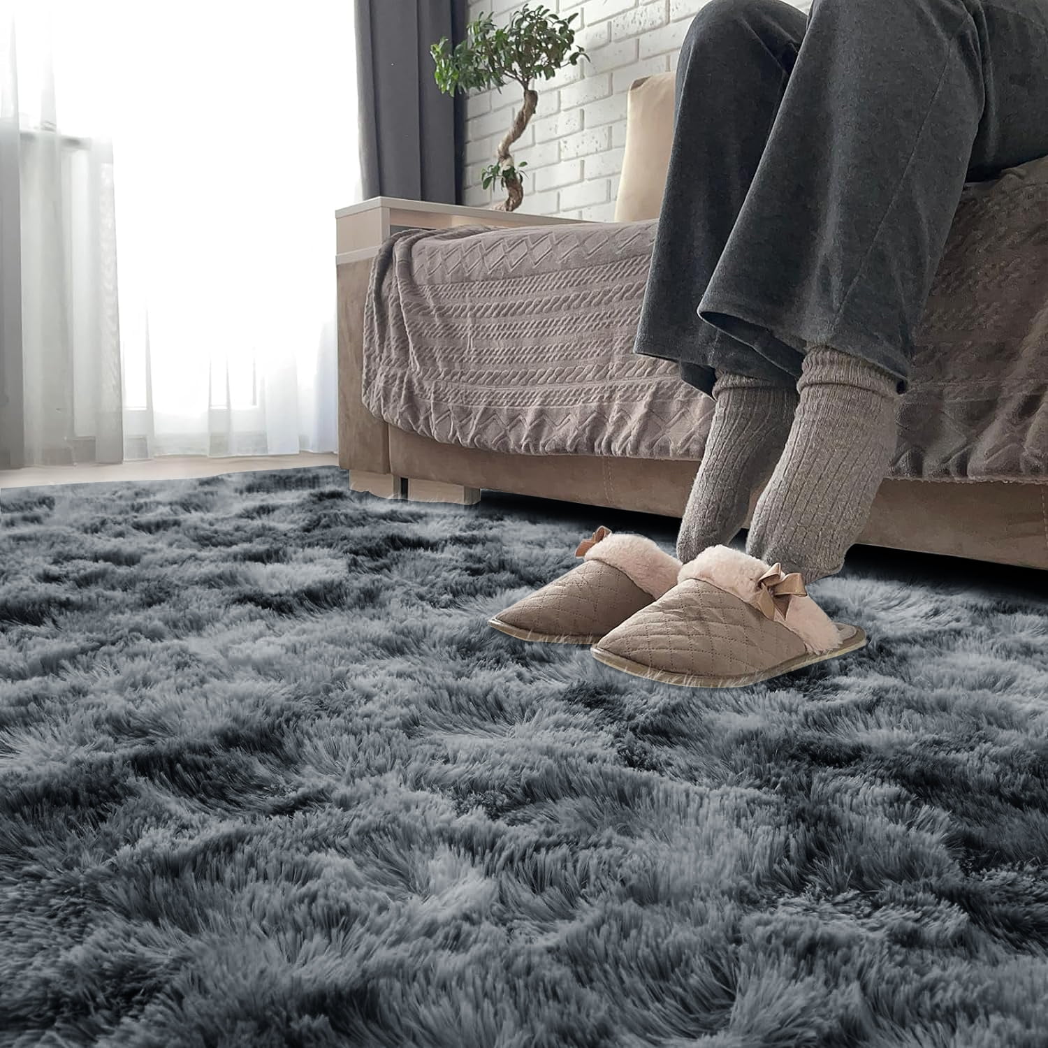 Debonair Super Soft Shaggy Rugs Fluffy Carpets 5x8 Feet Indoor Modern Plush Area Rugs for Living Room Bedroom Home Decor Upgrade Anti-Skid Rectangular Fuzzy Rug, Dark Grey