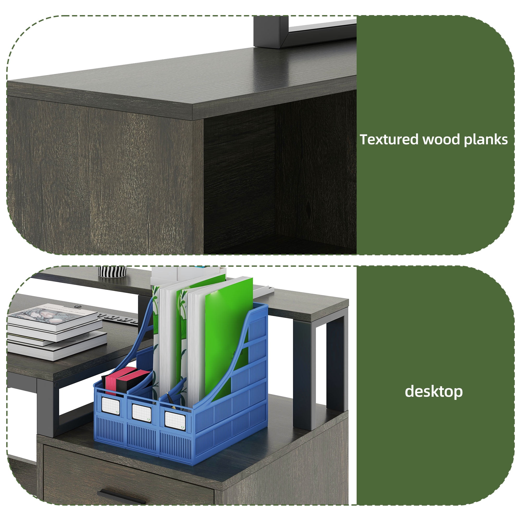 Uforic L Shaped Desk with LED Light & Power Outlets, Corner Computer Desk with Drawers & Open Storage Shelves, Gray