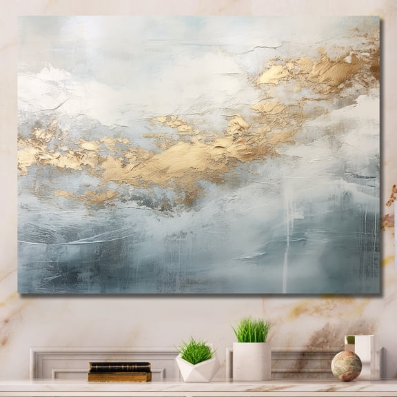 Designart "Ocean Storm In Beige, Blue, And Gold V" Abstract Shapes Canvas Wall Art
