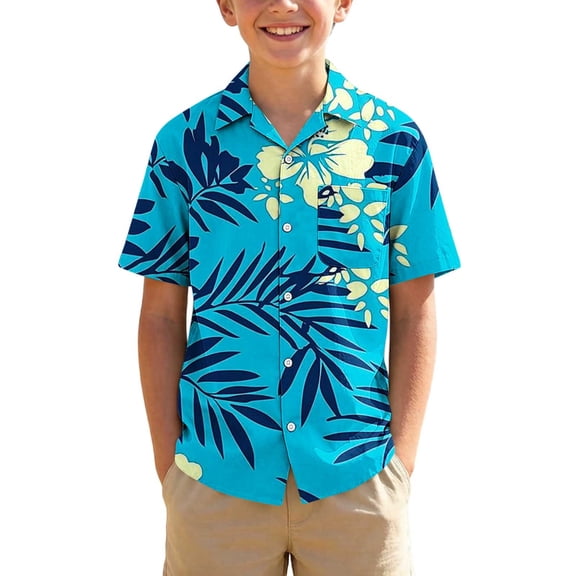 Atogsazn Kids Boys Hawaiian Floral Printed Shirts Children Casual Button Down Short Sleeve Shirt Beach Summer Tops Navy 10-11 Years Fashion