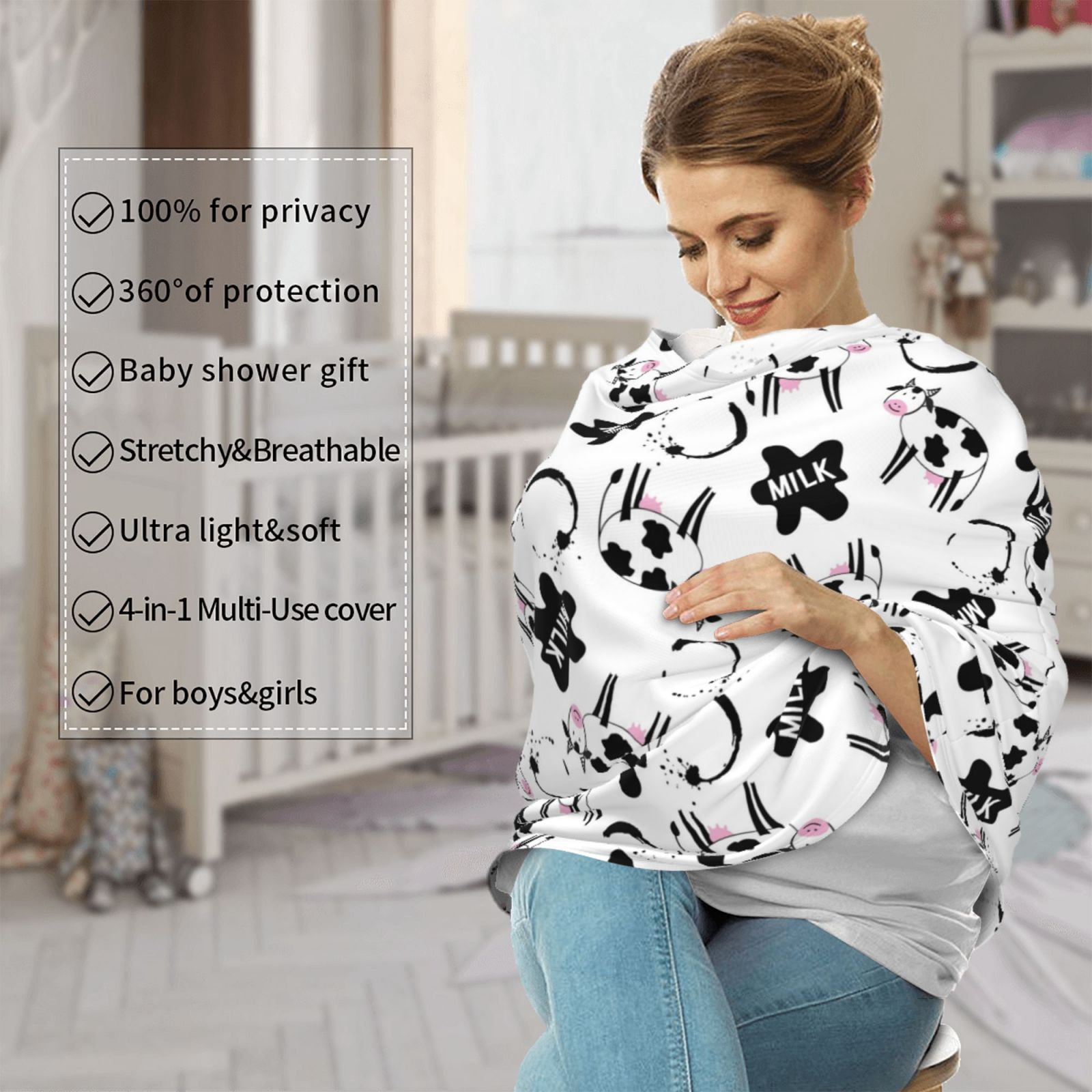 Fotbe Cute Cow and Milk Stains Pattern Car Seat Covers for Babies, Nursing Breastfeeding Cover Infant Carseat Canopy, Soft Stretchy Carrier Cover