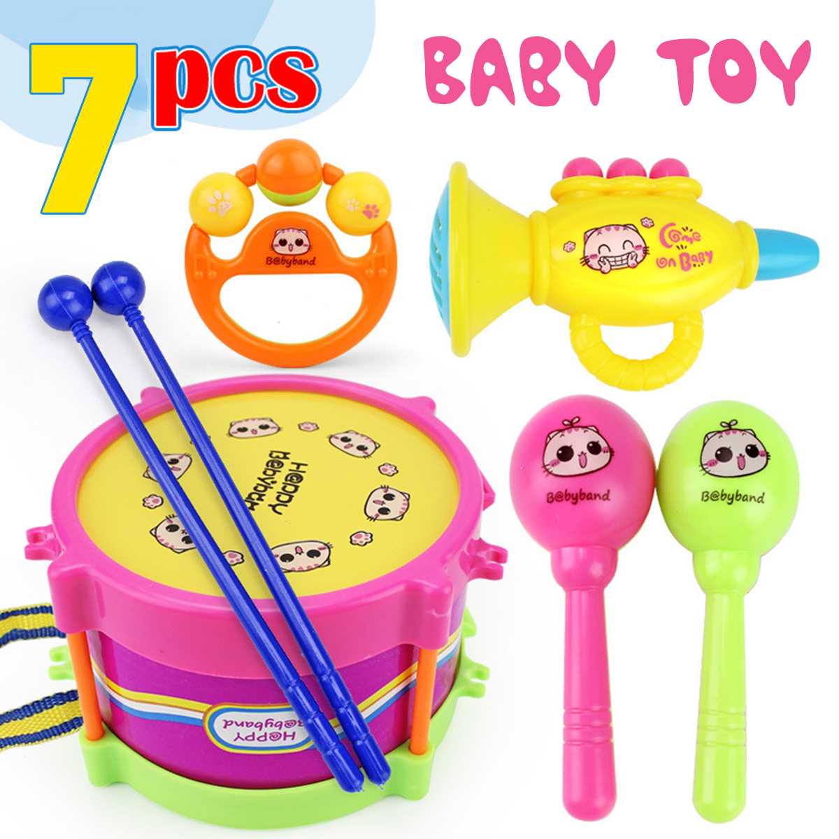 Pack of 7 Kids Baby Roll Drum Musical Instruments Band Kit Children Toy