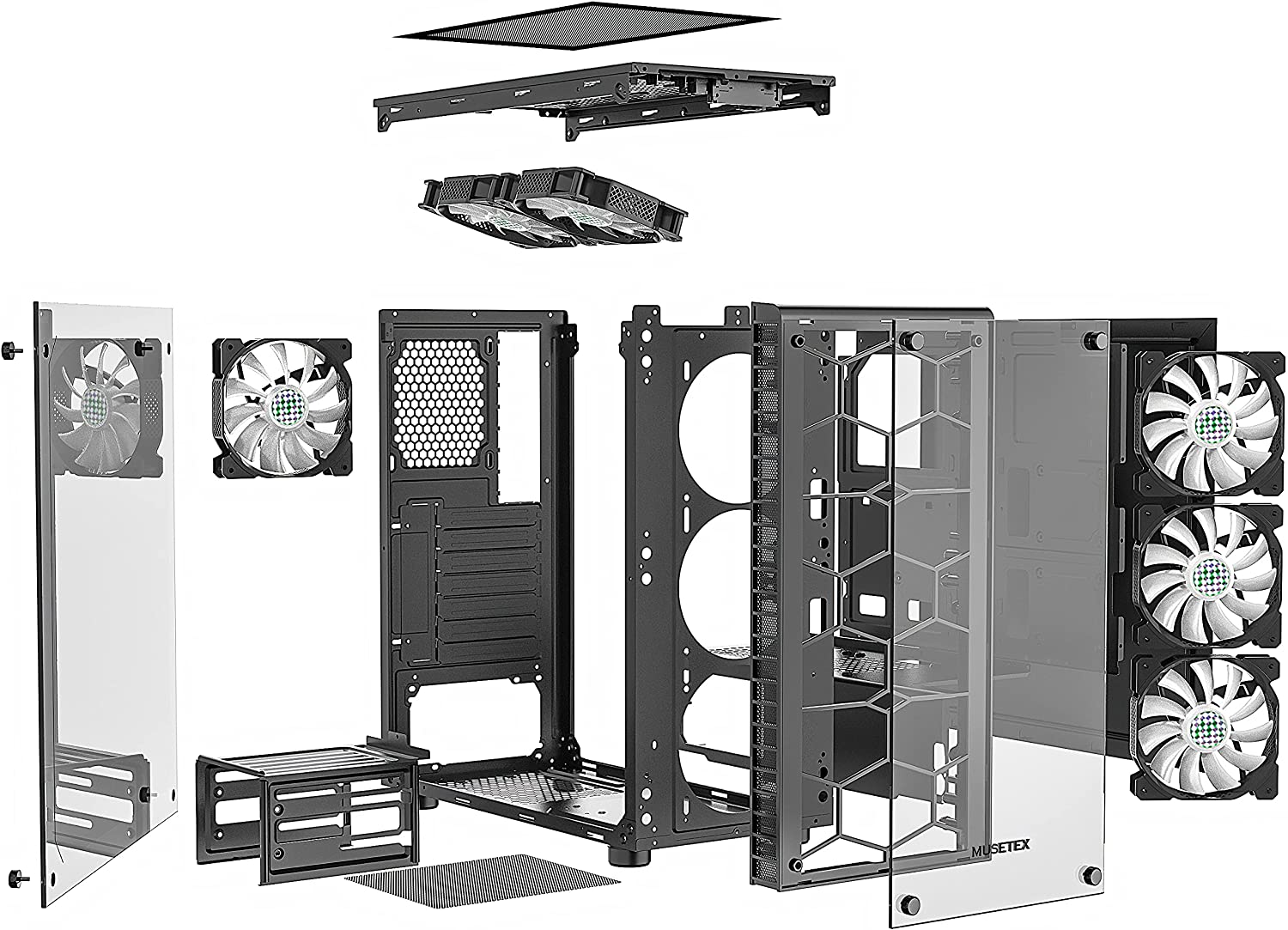 MUSETEX 6pcs ARGB Fans Pre-Installed, USB 3.0 Tempered Glass ATX Mid-Tower Chassis Gaming PC Case Cable Management/Airflow Gaming Style ATX/Micro ATX/ITX Computer Case 2021 Released (Black,G05N6)