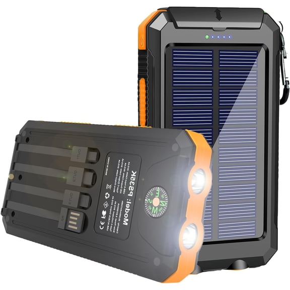 Solar Charger Power Bank 20000mAh Portable Charger with 4 Built-in Cables and USB-C in/Output, Dual Emergency Flashlights, Waterproof Outdoor Battery Pack for Camping, Hiking, Travel, and Storm Prep