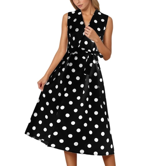 XIAOCHA Womens Polka Dot Midi Dress Flowy A Line Sleeveless V Neck Casual Party Dresses