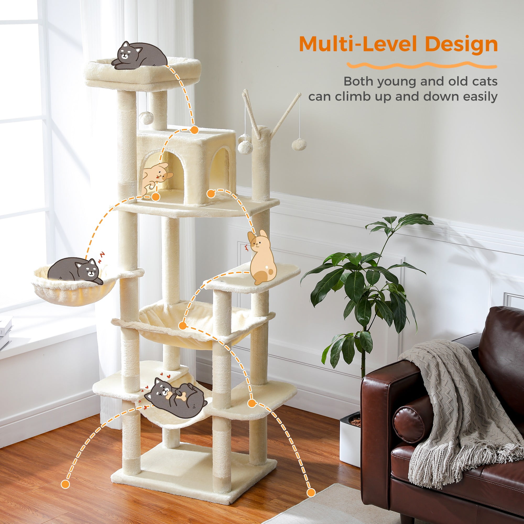 Kadyn 69" Cat Tree Tower for Indoor Large Cats, Fat Cats with Big Hammock, Cat Climbing Tree with Scratching Posts, Condo House and Top Perch, Beige