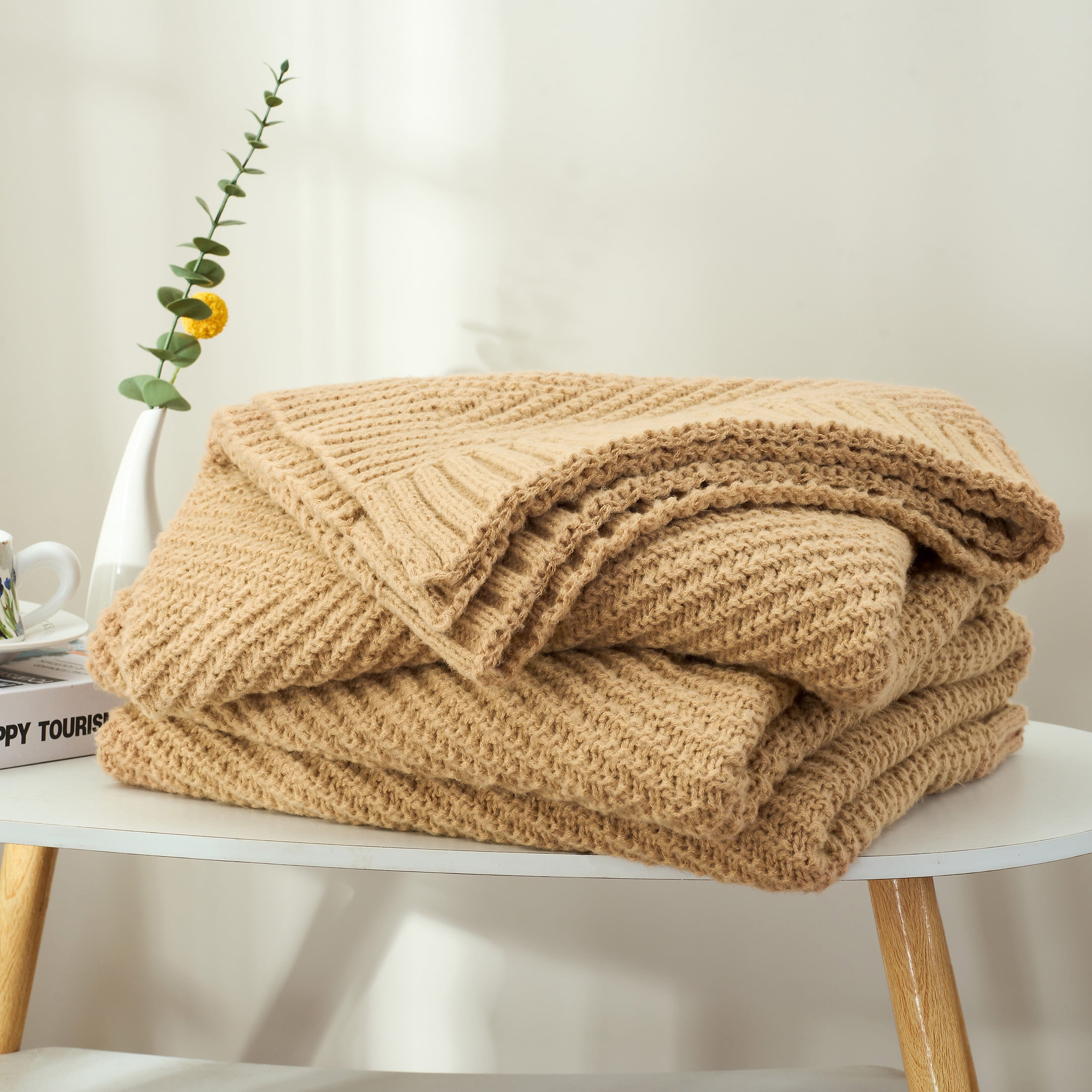 LONG CREATE Soft Knitted Throw Blanket 60" x 80" Tan Brown, Boho Chevron Farmhouse Throw for Bed Couch