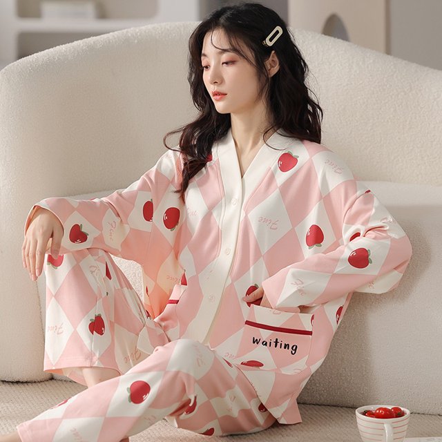 Pijamas de mujer de primavera y otoño de algodón de manga larga pijamas de primavera y otoño para mujer ropa de casa fina y transpirable de moda se puede usar al aire libre traje