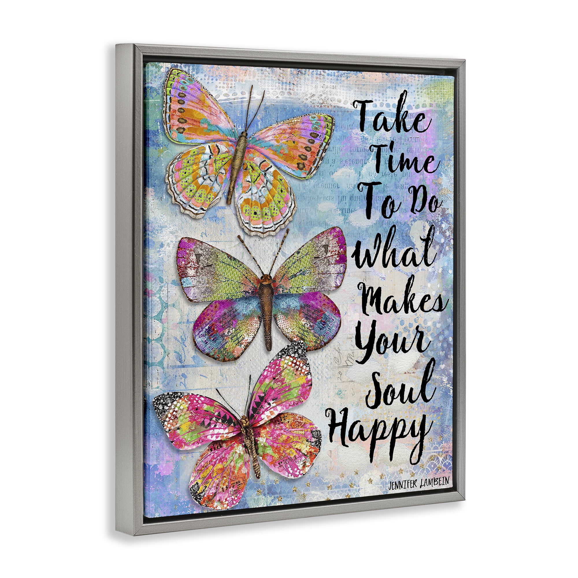 Stupell Industries Makes Your Soul Happy Butterfly Animals Painting Gray Floater Framed Canvas Art Print Wall Art, 25 x 31