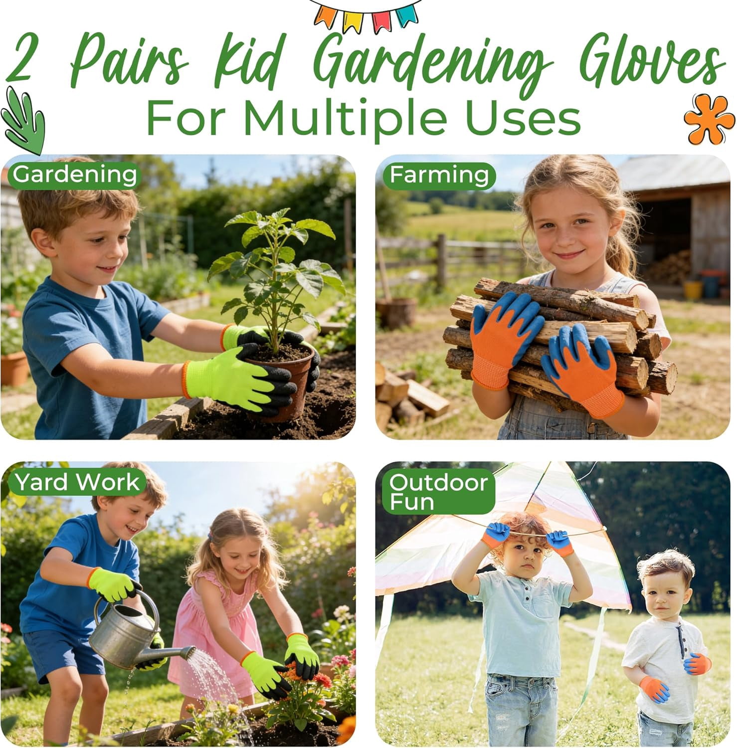 2 Pairs Kids Gardening Gripper Gloves, Foam Rubber Coated Children Toddler Garden Yard Work Outdoor Playing Gloves for Girls Boys (Size M)