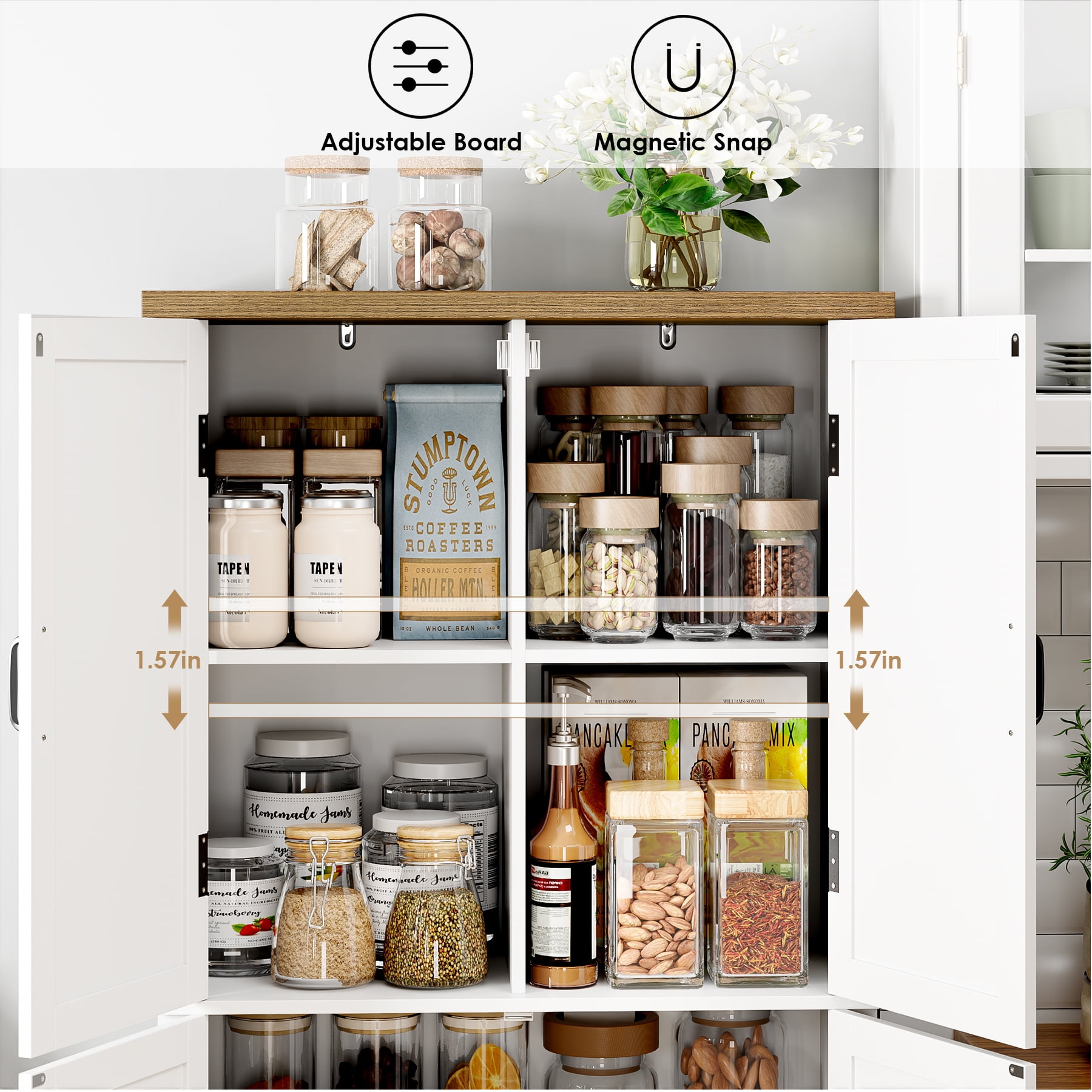 Homfa Farmhouse 63"H Kitchen Pantry Cabinet with Adjustable Shelf, Modern Wood Storage Cabinets for Small Space Department, White
