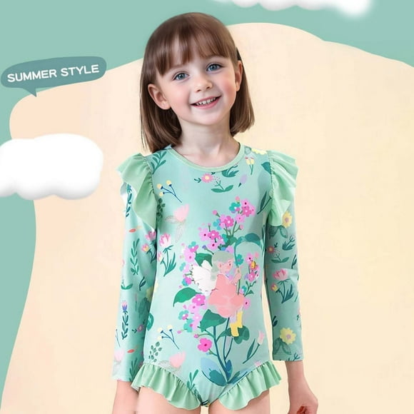 XDZJLR Combinaison pour Filles Tout-Petits Manches Longues Imprimé Floral Maillot de Bain Tenue de Plage Vert 3-4 Ans
