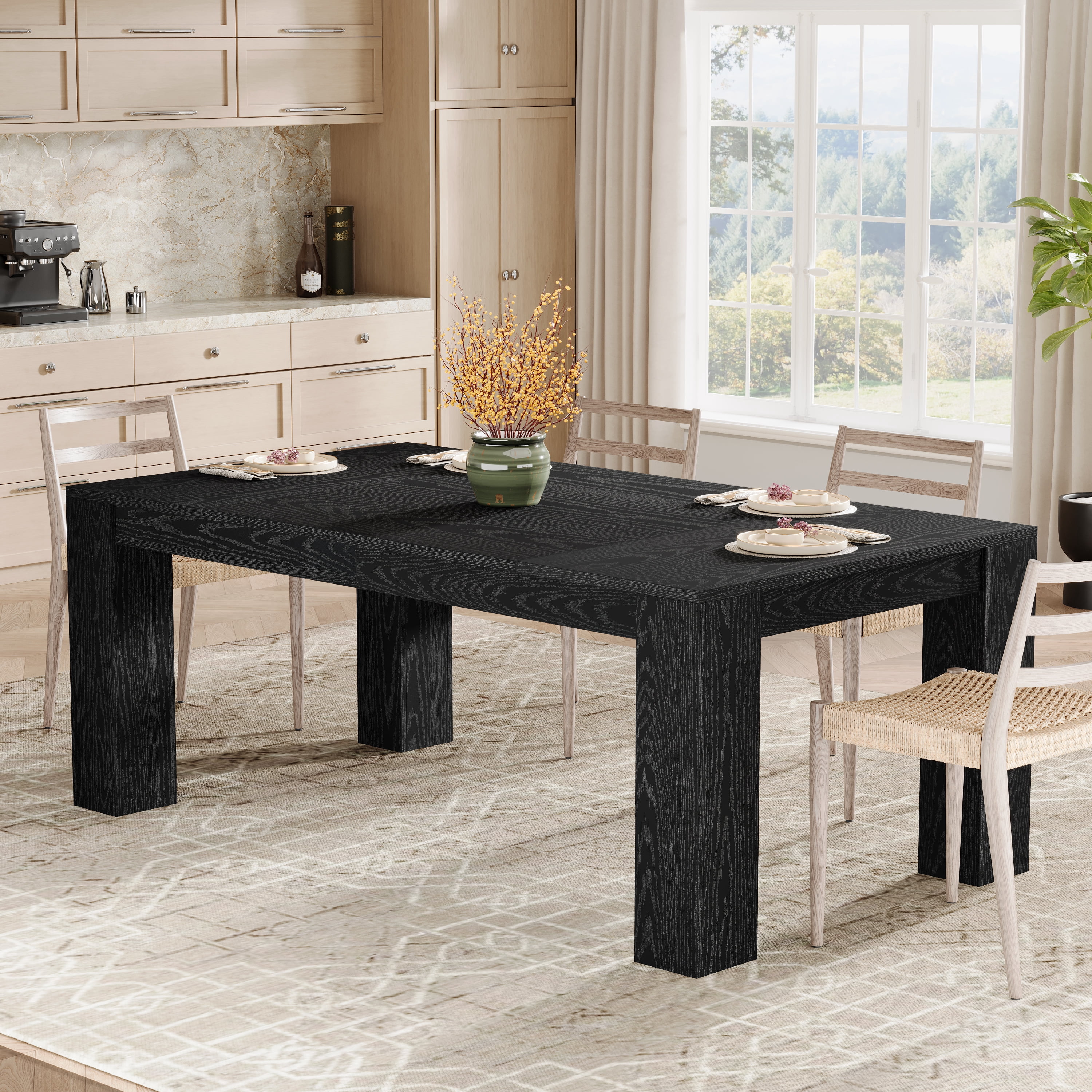 Tribesigns 63-Inch Dining Table for 4-6 People, Farmhouse Kitchen Dinner Table, Large Wooden Rectangular Eating Table for Dining Room, Black