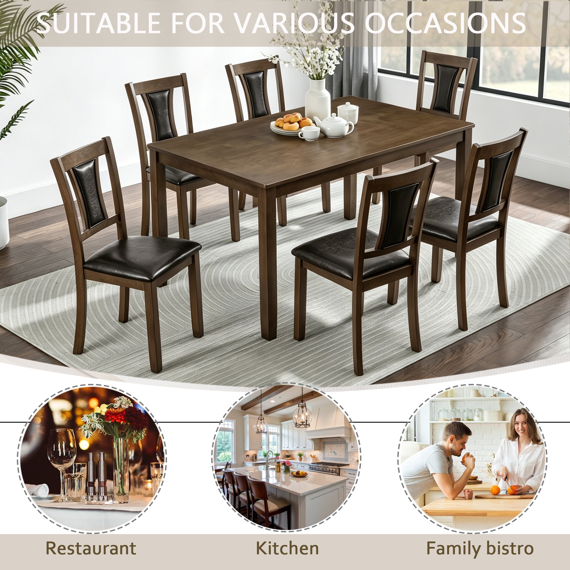 BSHTI 58.5" Walnut Wood 7-Piece Dining Table Set with 6 Upholstered Chairs, Stable Structure, Comfortable Seating for Dining Room(Walnut)