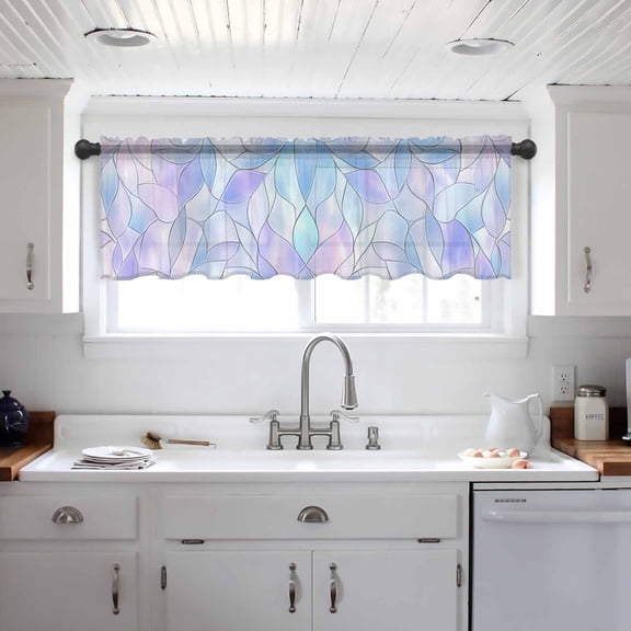 Stained Glass Valance Curtains for Kitchen/Living Room/Bathroom/Bedroom Window, Blue Purple Floral Geometric Rod Pocket Small Topper Half Short Window Curtains Voile Sheer Scarf 60"x18"