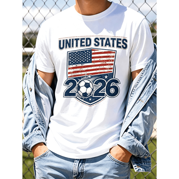 Patriotic Graphic Tee, USA Soccer Fan Shirt, 2026 Football Apparel, Vintage American Flag Print, Men Crewneck Short Sleeve, Sports Casual Tshirt