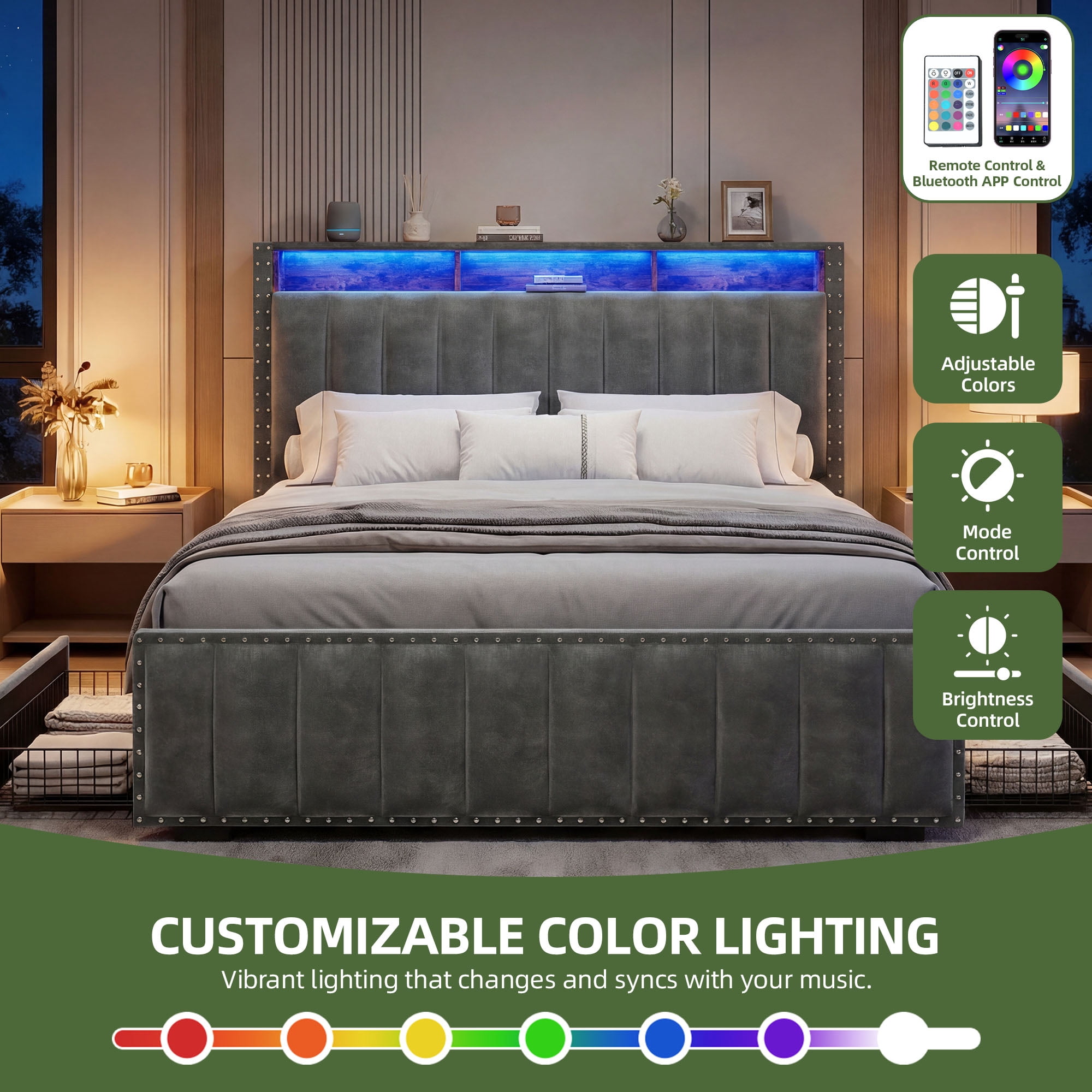 Uforic Queen Size Upholstered Platform Bed Frame, Velvet Bed with 4 Storage Drawers, RGB LED Light, Charging Station & Bookcase Headboard, Noise-Free, No Box Spring Needed, Easy Assembly, Grey
