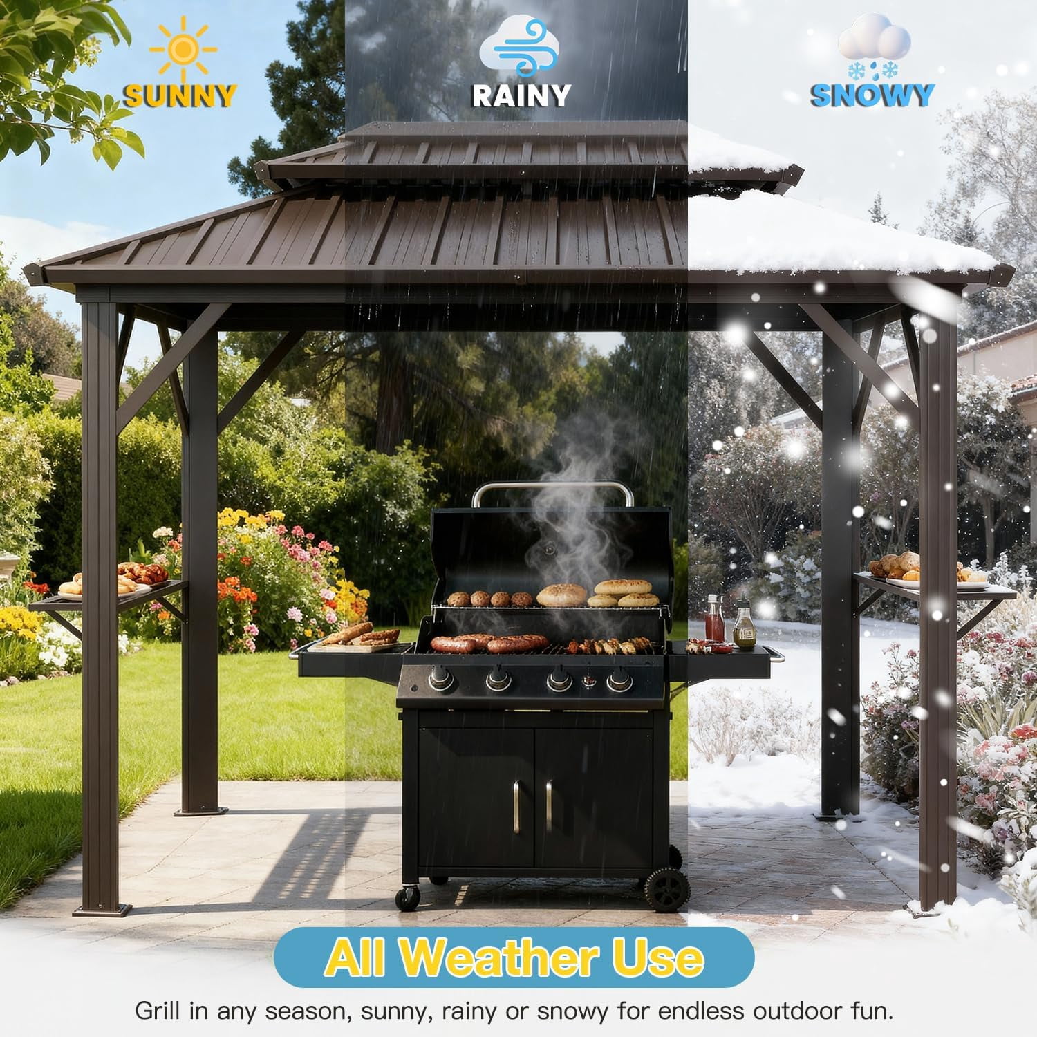 Richryce 10' x 6' Grill Gazebo with Double Galvanized Steel Roof, Outdoor Metal BBQ Gazebo Hardtop Permanent Grill Canopy with Side Shelves and Ceiling Hooks for Patio Garden (Brown)