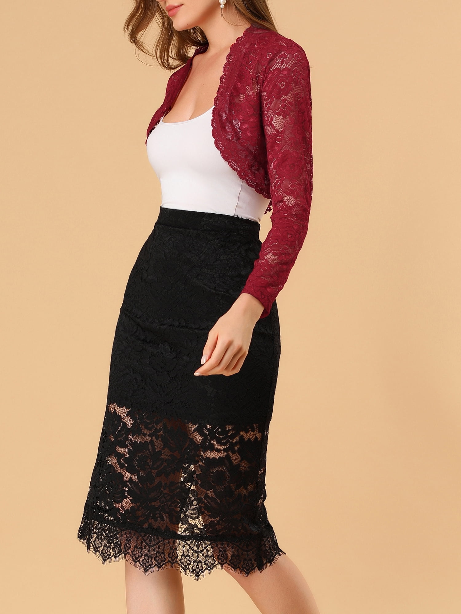DARING DIVA Women's Lace Bolero Shrugs Sheer Crop Cardigan M Dark Red