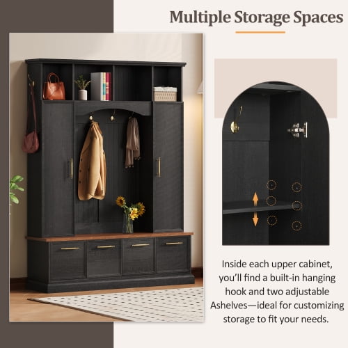 4-in-1 Farmhouse Hall Tree with Bench, Golden Hooks & Handles, Adjustable Shelves, Entryway Coat & Shoe Rack for Mudroom, Black