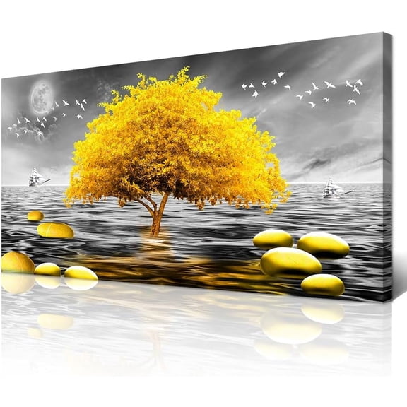 WFSposterCanvas Wall Art For Living Room Large Wall Decor For Bedroom Modern Office Wall Decoration Black And White View Wall Painting Yellow Tree Pictures Artwork For Walls Room Home Decor