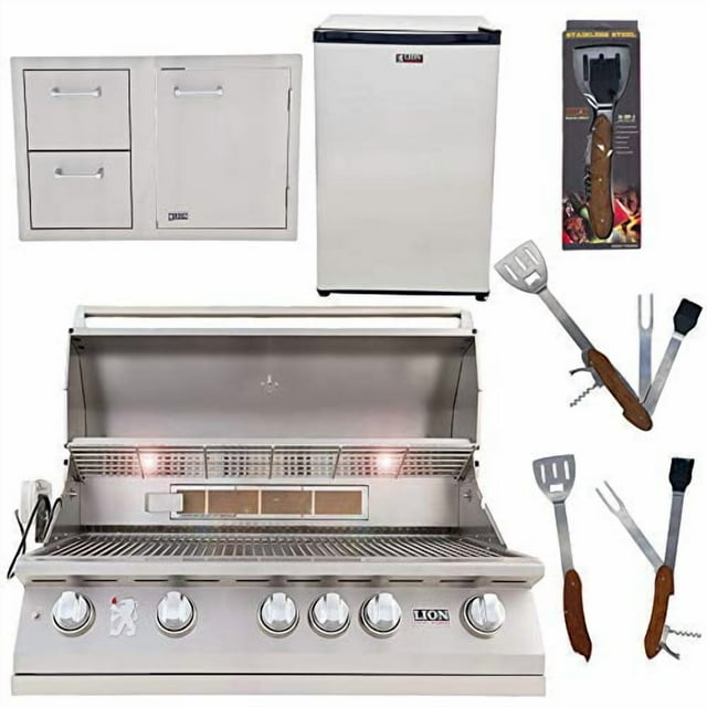 Lion Premium Grills 40-Inch Natural Gas Grill L90000 with Lion Door and Drawer Combo with Towel Rack and Lion Refrigerator Package Deal with 5 in 1 BBQ Tool Set