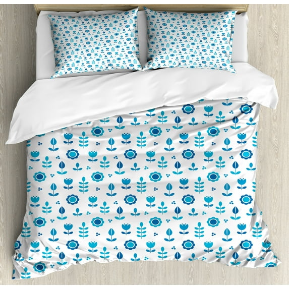 Folk Art Duvet Cover Set King Size, Simplistic Cute Continuous Pattern with Flowers Dots and Leaves, Decorative 3 Piece Bedding Set with 2 Pillow Shams, Sea Blue Sky Blue and White, by Ambesonne
