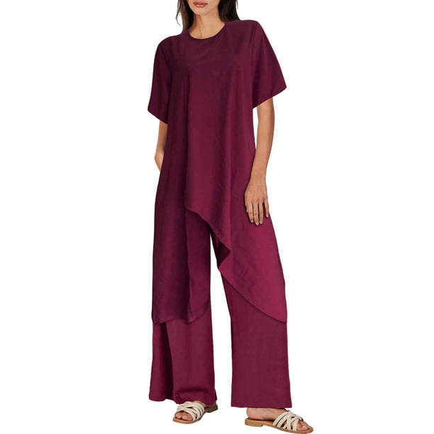 Conjunto de dos piezas de lino para mujer: top de manga corta y pantalones, ropa deportiva informal, varias tallas disponibles