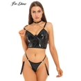 thumbnail image 2 of Women Sexy Patent Leather Lingerie Set Club Party Pole Dancing Stage Performance Costume Underwired Crop Top with Thong GartersS Gong Bohan LED, 2 of 2