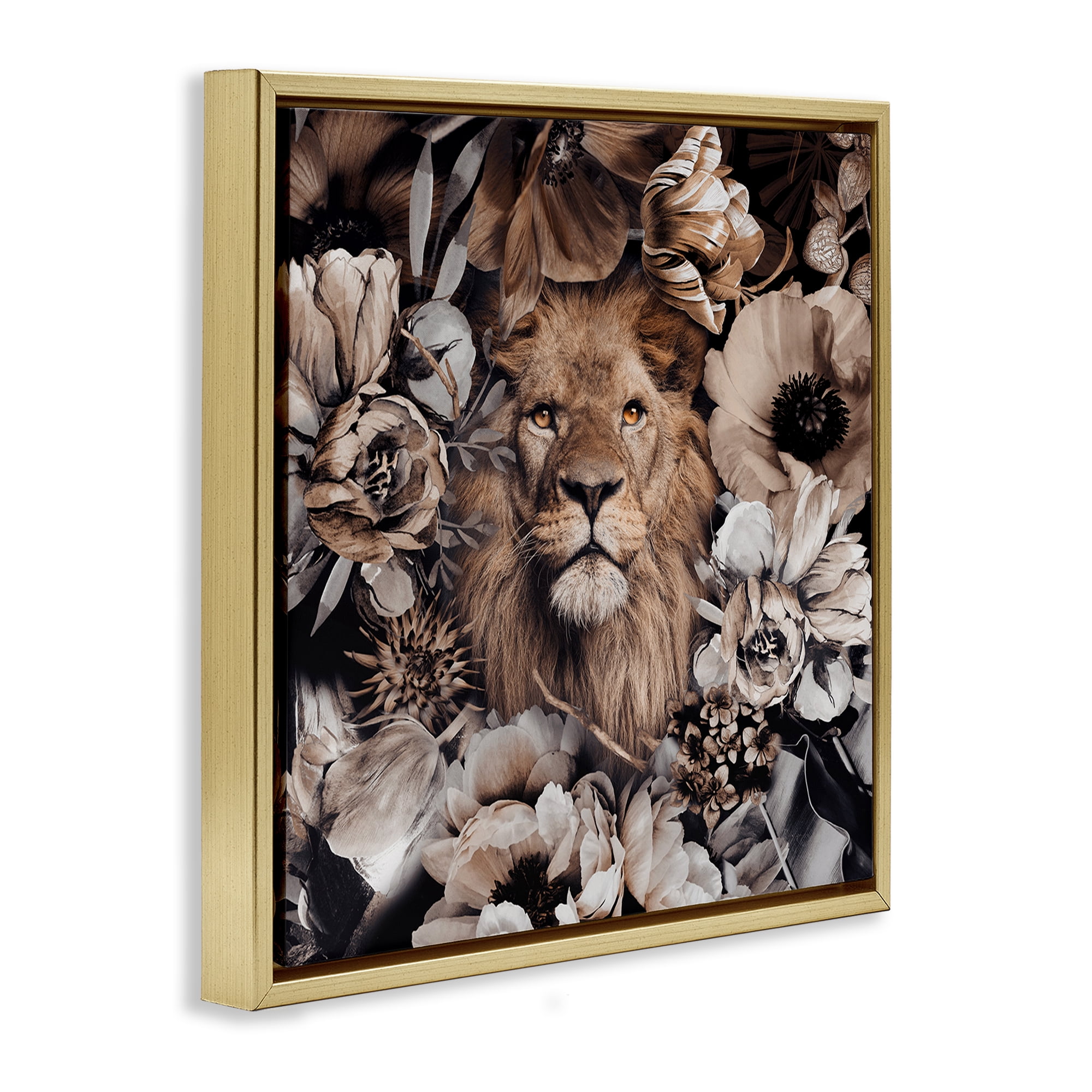 Stupell Industries Mixed Flowers & Lion Plants & Flowers Painting Gold Floater Framed Canvas Art Print Wall Art, 25 x 25