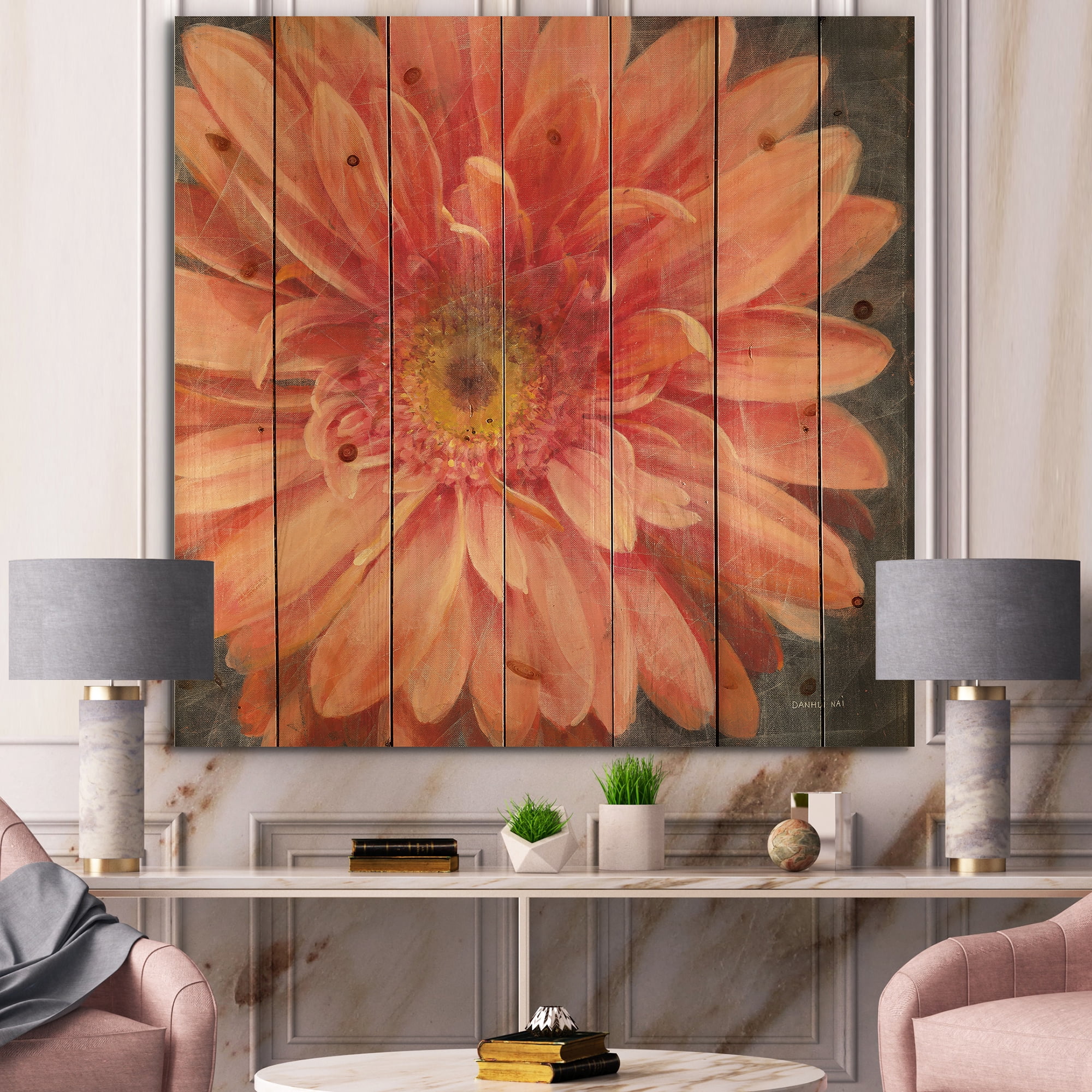 Designart 'Vivid Orange Daisy II' Shabby Chic Print on Natural Pine Wood