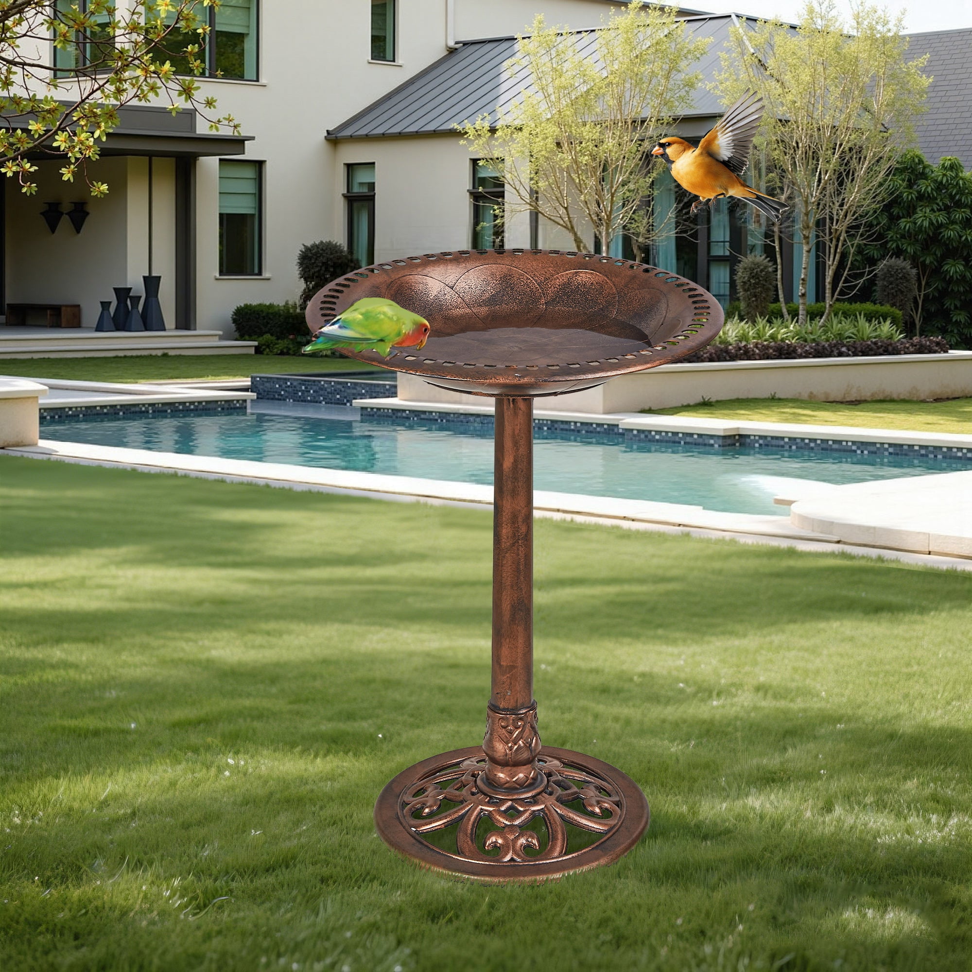 VECELO 28" Height Pedestal Birdbath Outdoor Garden Decor, Vintage Yard Art Bird Baths, Brown