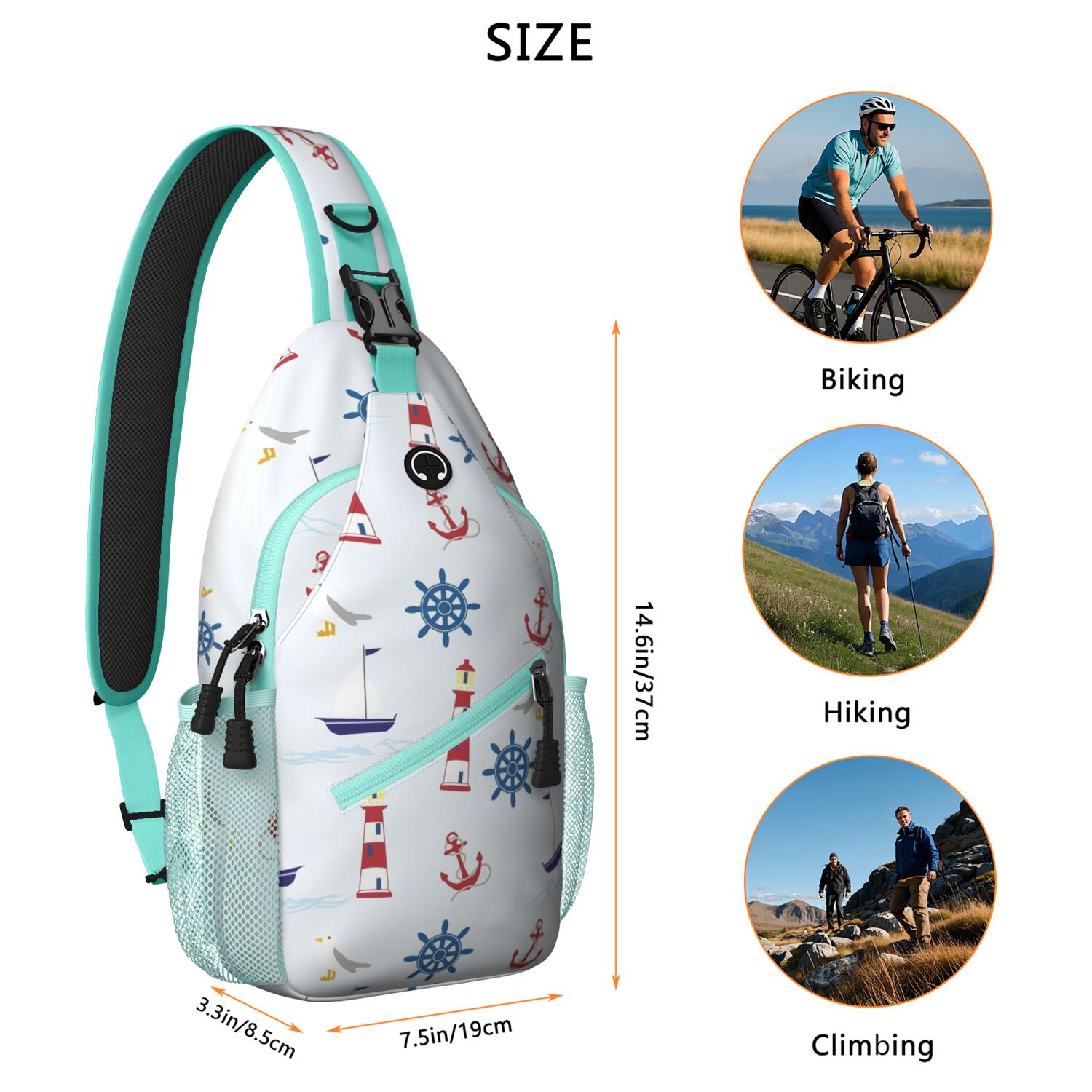 Tropical Beach Daypack - Nautical Shoulder Bag with Coral & Lighthouse Print, Spacious & Organized for Commuting, Traveling, and Casual Use - Unisex Crossbody Sling Bag