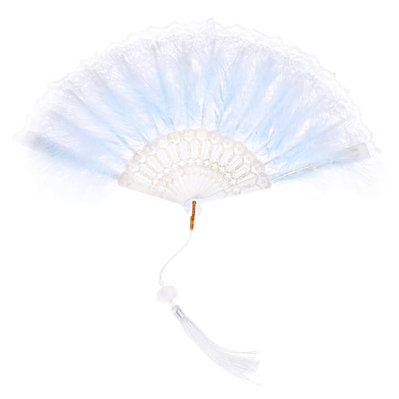 Uxcell Feather Hand Fan Blue Vintage Folding Fan with Tassels Feather Fan for Halloween Party,1 Pcs