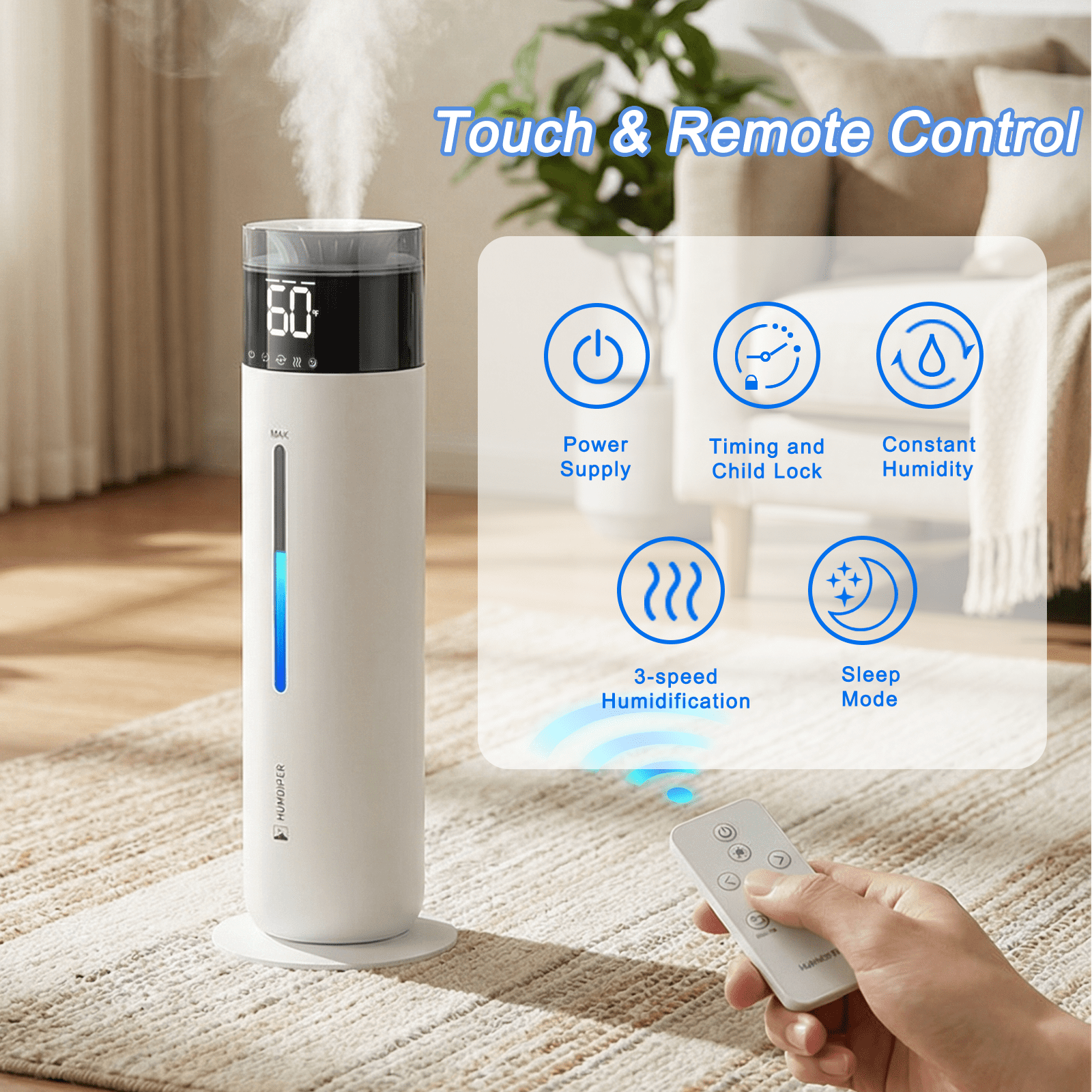 Rocyis 10L/2.6Gal Top Fill Cool Mist Humidifiers for Large Room up to 600 sq ft, 100H Runtime, Ultra Quiet 30dB, Auto Humidity Control, Essential Oil Tray, for Bedroom Office, White