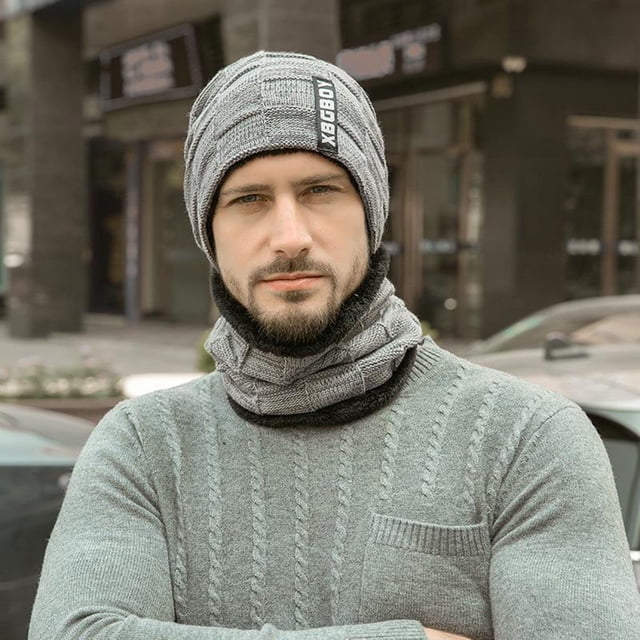 YAOBAMM Windproof Warm Hat Men Winter Hat Scarf Set Knitted Solid Color Plush Warm Windproof Neck Ear Protection Outdoor