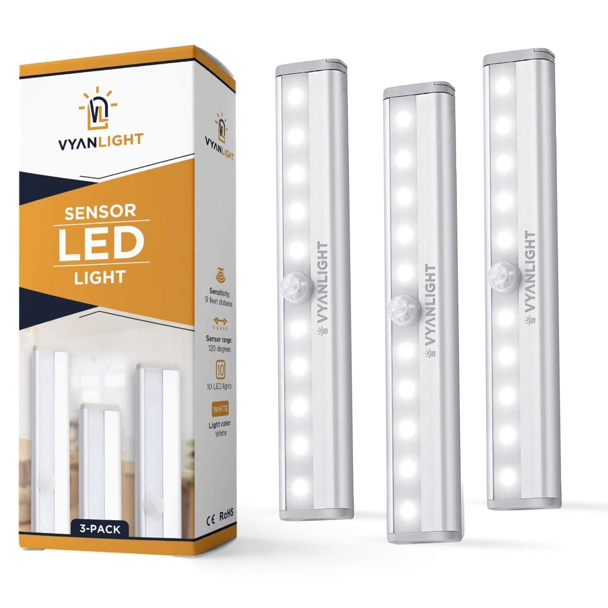 3 Pack 10 LED USB Cabinet Night Light PIR Motion Sensor Stick Closet Under Lamp 