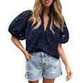 thumbnail image 2 of Knosfe Women's Summer Tops Dressy Casual Short Lantern Sleeve V Neck Buttons Hollow Out Lace Embroidered Blouses Shirts Dark Blue L, 2 of 5