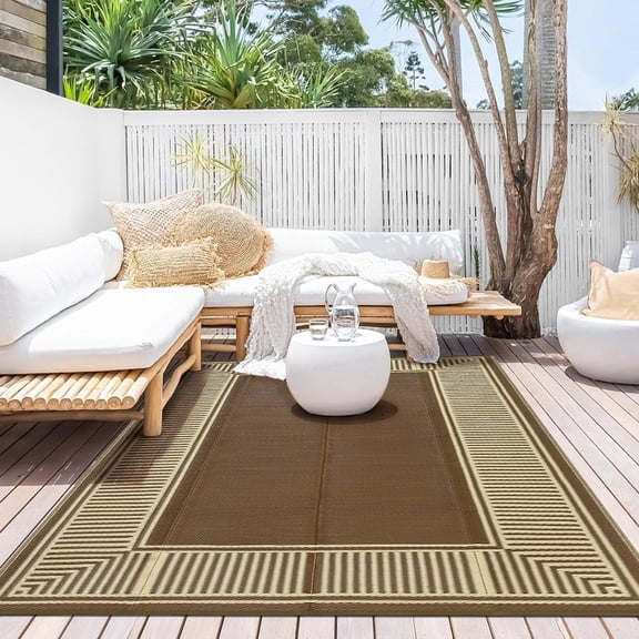 9x12 Ft Outdoor Rug Patio Stain Resistant Foldable Modern Geometric Brown