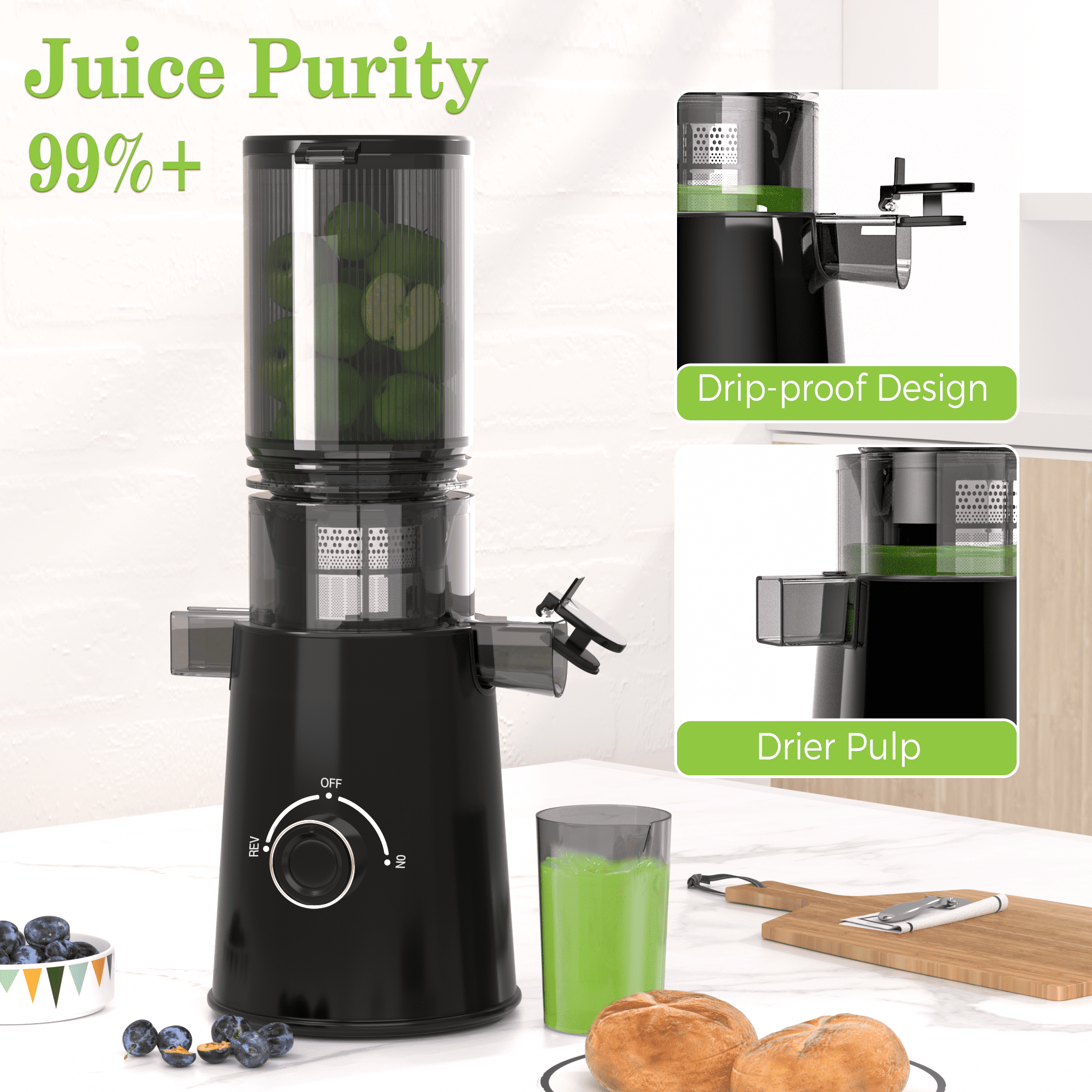 Cofiyard Cold Press Juicer, Slow Masticating Juicer with 5" Feed Chute, 350W Juice Extractor Machine with High Juice Yield, Easy to Clean (Black)