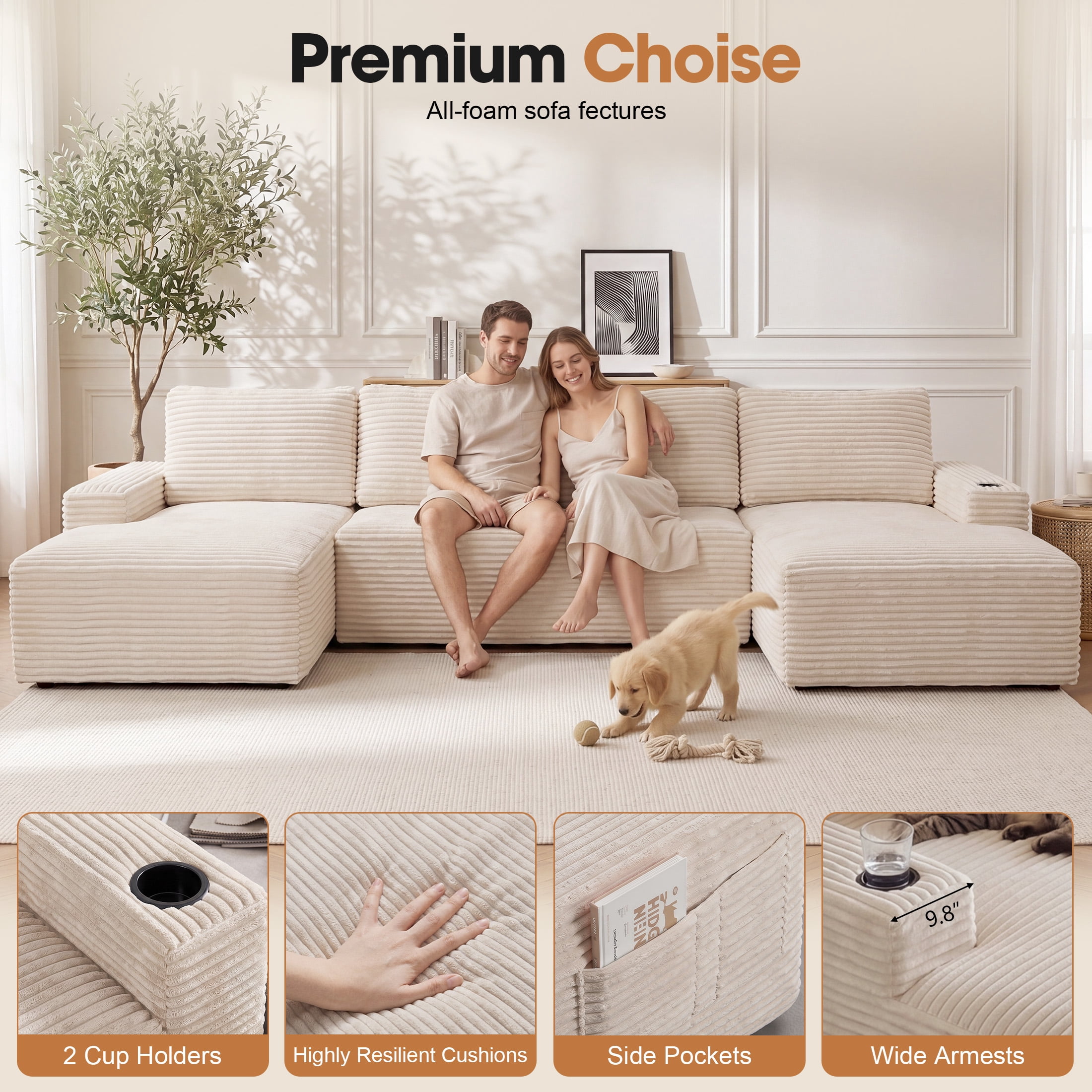 Aenkyo 133 in U-Shaped Cloud Corduroy Sectional Sofa with Cup Holders for Living Room, Cream