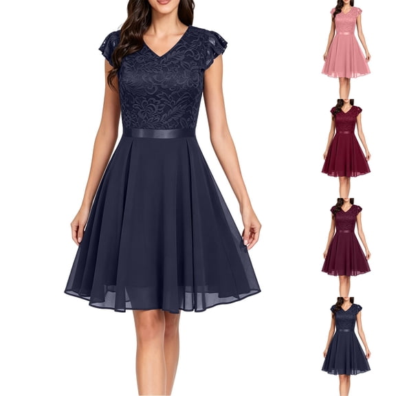 Womens Plus Size Lace Flowy Cocktail Wedding Guest Midi Dress Summer Cocktail Dress,V Neck, formal Flowy Chffion Dress, A-line Navy XL(XL)