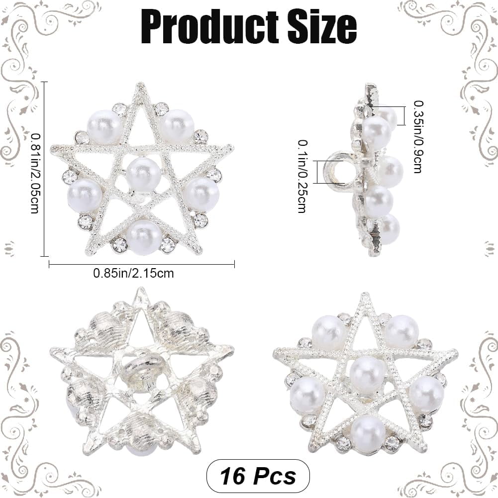 16pcs Alloy Rhinestone Shank Buttons with Plastic Imitation Pearl Flower & Star Silver 20.5x21.5x9mm Hole: 2.5mm