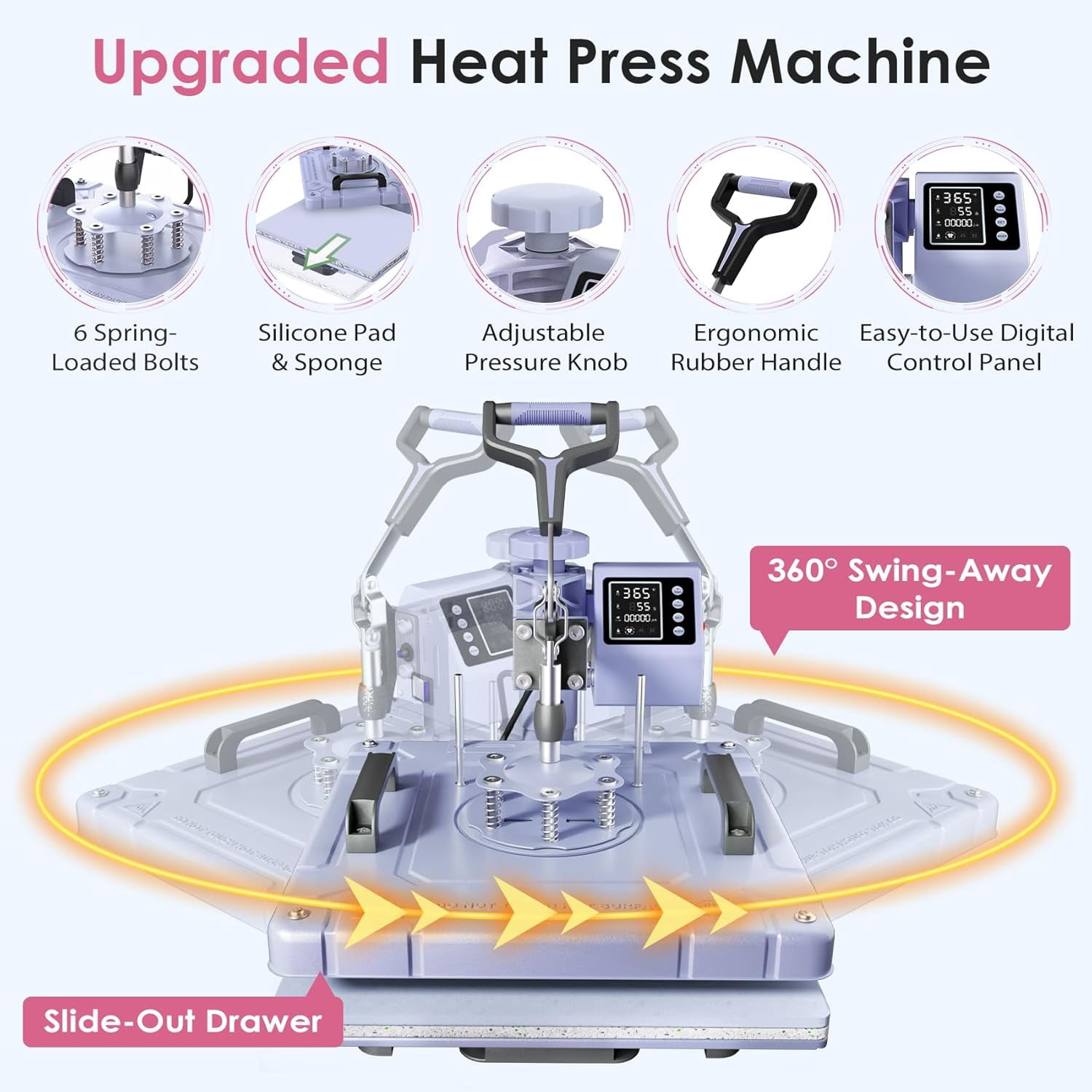 DKMOCO 8 in 1 Heat Press Machine with 30OZ Tumbler press, 15"x15" 360-Degree Swing Away Digital Heat Transfer Sublimation for Mugs Hat Plate Cap T Shirts,Lavender