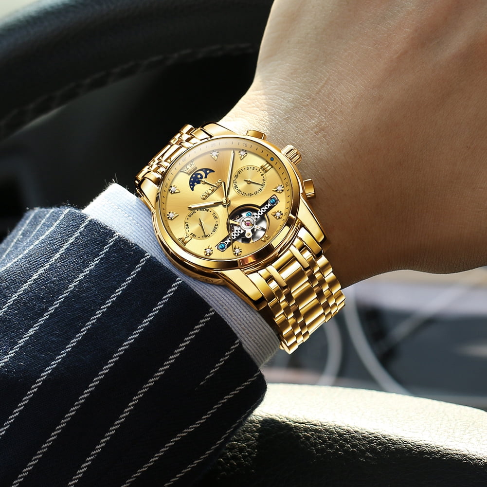 OLEVS Automatic Watches for Men Self Winding Mechanical Skeleton Flywheel Chronograph Luxury Dress Stainless Steel Diamond Moon Phase Waterproof Luminous Mens Wrist Watches Reloj Para Hombre