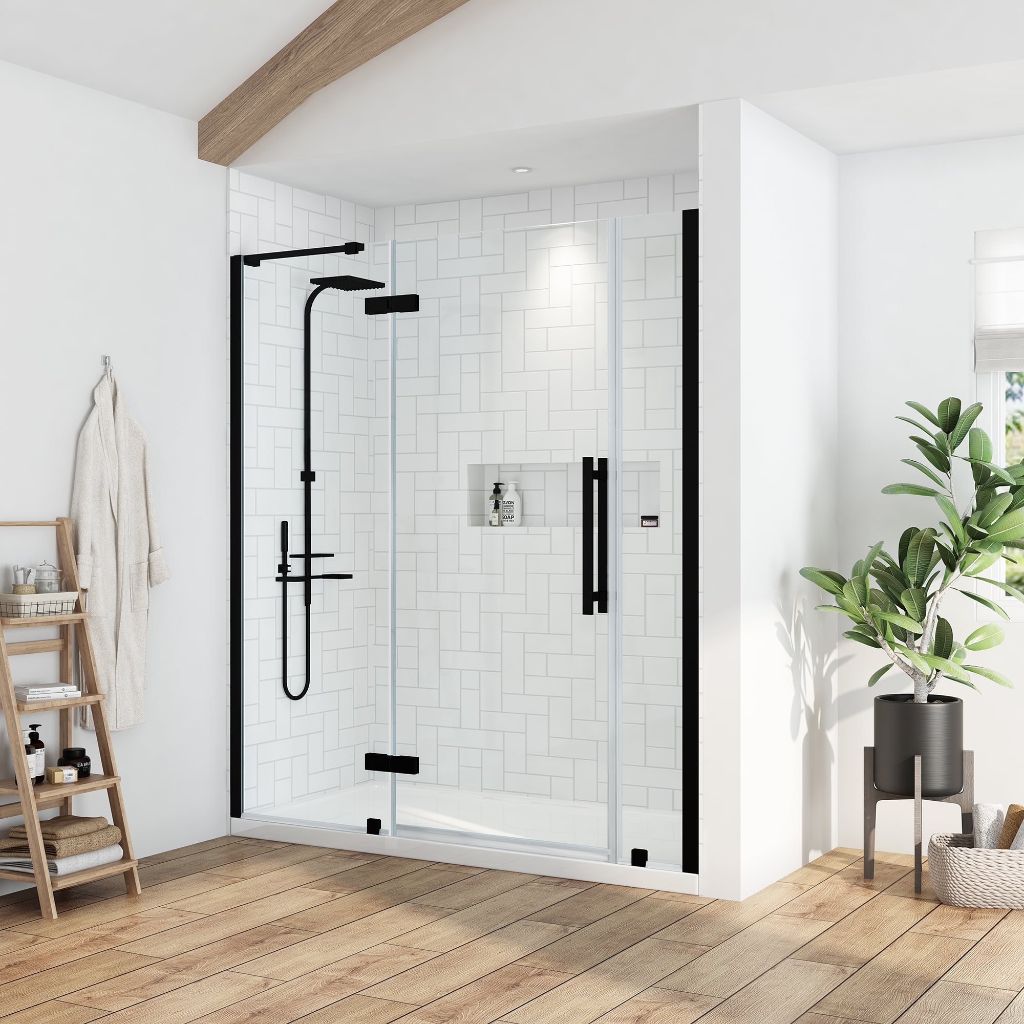 Ove Decors Tampa 60 in. L x 34 in. W x 72 in. H Alcove Shower Kit with Pivot Frameless Shower Door in Black and Shower Pan